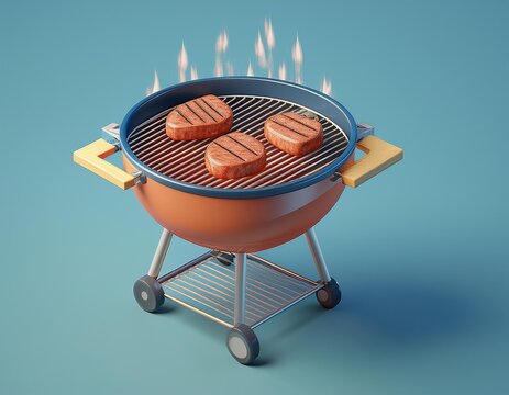 3D Three juicy patties sizzle on a charcoal grill