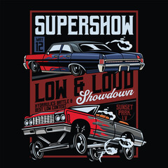 Vintage American Lowriders Car, Skull, Piston, Red Roses, and Race flag Poster Vector Illustration for poster, flyer, social media, web pages, print media, greeting card, invitation, banner