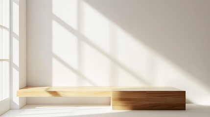 Wooden Bench Against White Wall with Sunlight