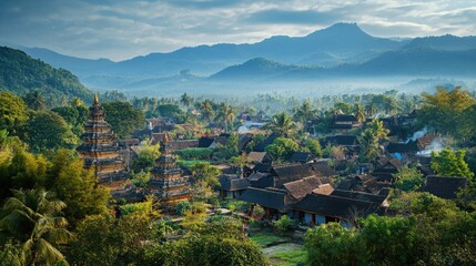 Scenic View of a Village with Temples Amidst Lush Green Mountains