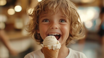 A kid eating a cone ice cream with very happy laughing face looking into the camera