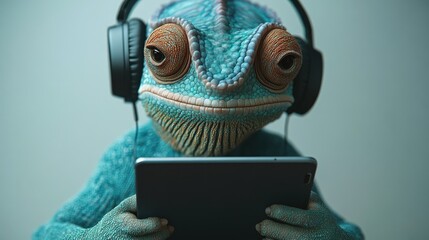 A blue chameleon wearing headphones and looking at a tablet.