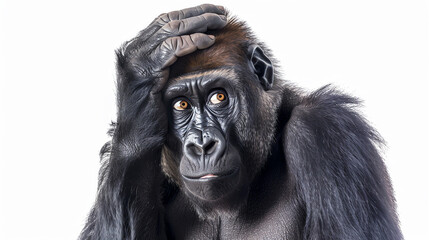 Naklejka premium Gorilla holding his head in worry, AI generated