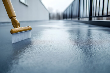 Gray hand painted flooring with waterproofing and reinforcing net to repair the deck roof
