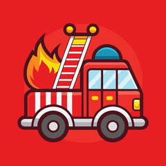 Fototapeta premium A cartoon fire truck with a ladder and flames coming out the back, ready to put out a fire!