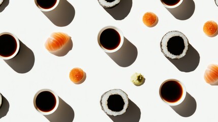 Obraz premium Sushi Rolls and Soy Sauce on a White Surface