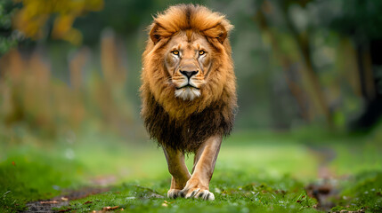 Male lion walking looking straight at the camera, national wildlife day