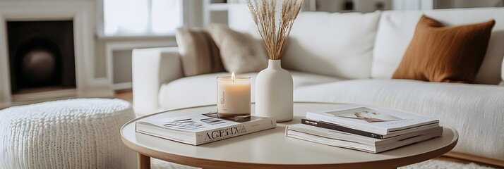 A chic and elegant coffee table setup featuring fashion magazines a designer candle and a stylish vase creating a visually appealing and inviting home aesthetic