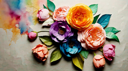 Fototapeta premium Playful Watercolor Art with Crumpled Paper Flowers - Ephemeral Neo-Romanticism