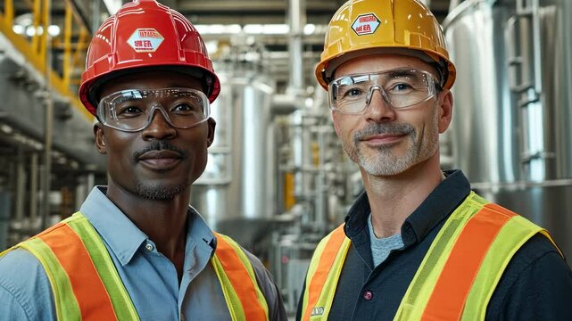 Two Industrial Workers in Hard Hats and Safety Glasses, factory, male, men, protective gear, safety equipment
