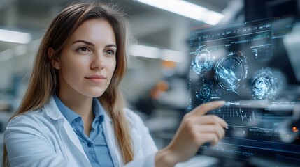 A female healthcare professional analyzing complex medical data and research through a futuristic holographic interface
