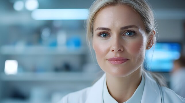 Advanced medical research displayed through a holographic interface as a female doctor analyzes healthcare data with intelligence and diligence - Powered by Adobe