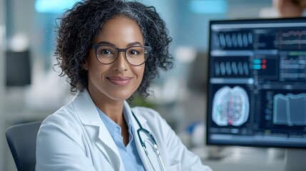 Portrait of a female physician interacting with a high tech digital interface examining and analyzing advanced medical data and research to drive innovation in healthcare