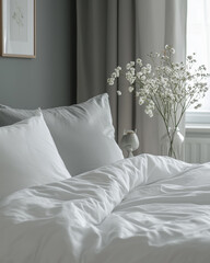 luxurious bedroom setting with a plush linen duvet cover and matching pillows in a variety of soft colors.