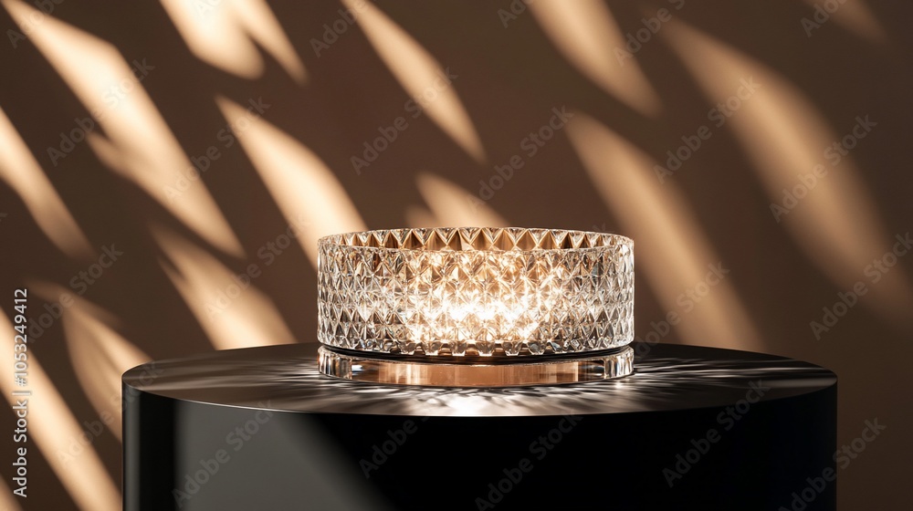 Poster a clear glass bowl with a geometric design sits on a black pedestal, with light shining through the 
