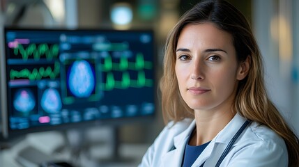 Female Doctor Analyzing Medical Intelligence and Research Data Through a Cutting Edge Holographic Interface Showcasing Modern Research Techniques and Healthcare Technology