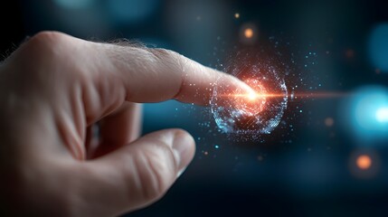 A hand manipulating a futuristic holographic interface analyzing complex healthcare data and advancing the future of medical research and discovery