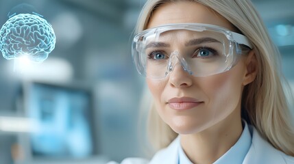 Female Doctor or Scientist Studying and Analyzing Advanced Healthcare Data and Medical Intelligence through a Futuristic Holographic Interface in a Research or Laboratory Setting