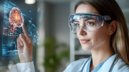 Doctor analyzing complex medical data and research with the aid of a holographic interface showcasing the potential of advanced technology and intelligence in transforming the future of healthcare