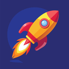A cartoon rocket ship blasts off into space, leaving a trail of fire in its wake.