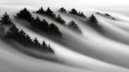Misty Fog Rolling Over Mountain Ridge with Pines