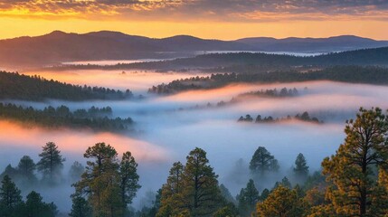 Obraz premium Fog Rolling Over Mountain Ridge at Sunrise