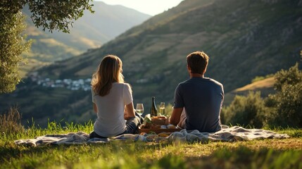 A romantic Valentine's Day picnic outdoors, with a young couple sharing food and a beautiful view