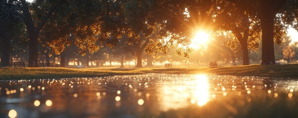 Obraz premium Golden Sunrise with Dew-Kissed Grass in a Calm Morning Park Landscape