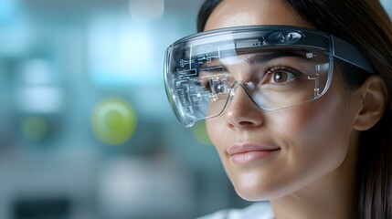 Portrait of a female healthcare professional wearing a transparent headset and interacting with a state of the art holographic medical interface