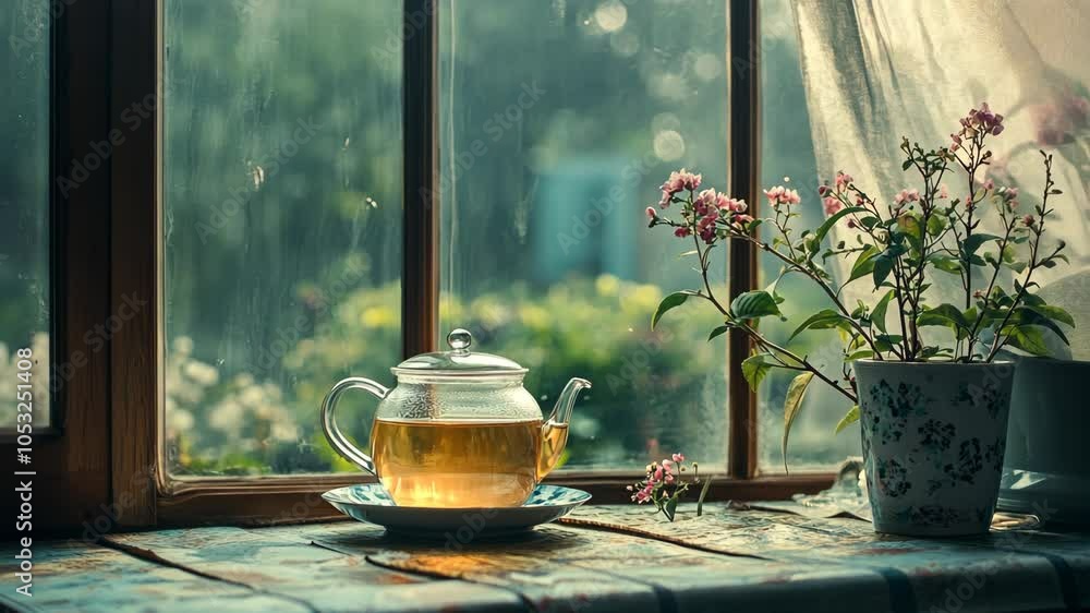 Poster A teapot filled with tea sits on a windowsill, bathed in the soft light filtering through a window