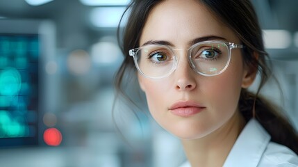 Futuristic medical display with a female doctor analyzing patient information through an advanced holographic interface  The image depicts a modern