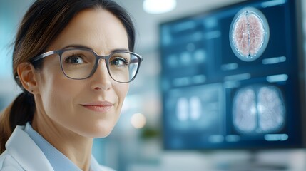 Futuristic female doctor or medical professional analyzing patient information and data through a holographic interface on a high tech medical display  Concept of advanced healthcare technology