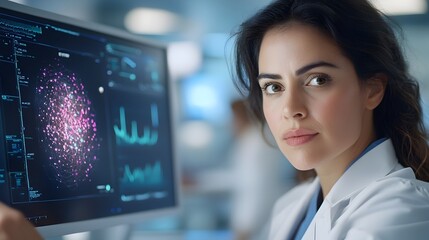 Futuristic female doctor analyzing patient information and data through a holographic interface in a high tech medical display  Concept of advanced healthcare technology and digital medical diagnosis