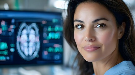 Female healthcare professional reviewing and analyzing detailed holographic medical data displayed on a high tech digital interface in a modern advanced medical research or treatment facility