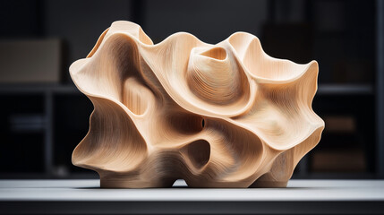 Intricate wooden sculpture with complex, flowing, and textured patterns on a neutral background, showcasing artistic craftsmanship and natural material.