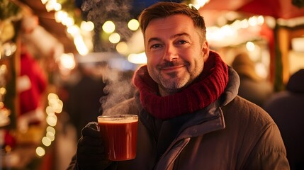 A man holding a steaming mug of mulled wine as he strolls through a lively Christmas market surrounded by twinkling lights and festive holiday