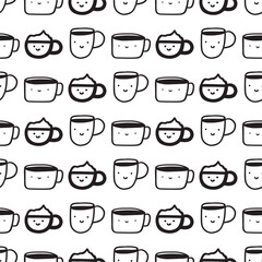 Cute coffee cups. Seamless pattern. Outline design. Graphic design. Hand drawn illustrations on white background.