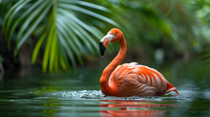 Obraz premium Portrait of a beautiful flamingo in the water; tropical bird with natural background