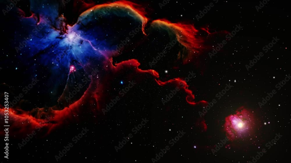 Wall mural the camera flies through a star field with a nebula in the background.