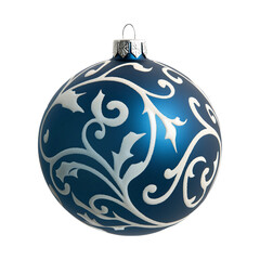 Blue ornament featuring intricate white swirl patterns isolated on white background, decoration for Christmas tree.