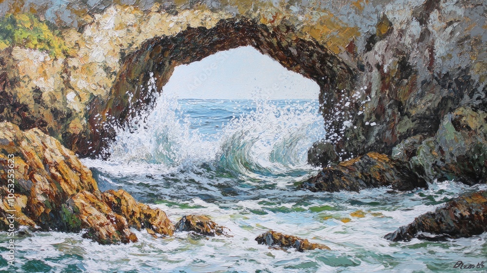 Poster Coastal Arch with Waves Splashing Through Rocks