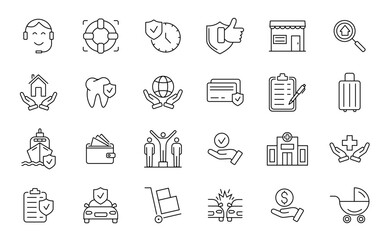 Fototapeta premium Insurance icons . Medical, life, car, travel, house, money. Vector illustration