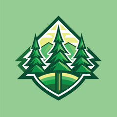 Obraz premium A stylized design of three pine trees with a mountain backdrop. The graphic is outlined in white with a green and yellow background.