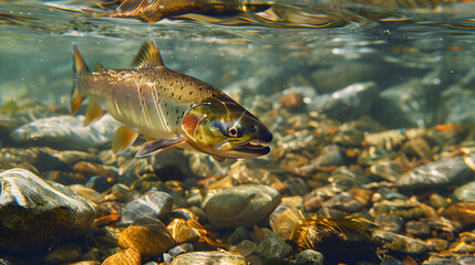 Salmon swims in the waters of a clear river with stones and aquatic plants