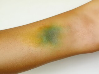  Faint bruise on upper arm, mostly green and yellow tones, showing it’s almost healed and highlighting stages of bruise recovery.