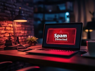  Glowing red spam alert box on laptop screen in dimly lit room, filling screen with urgent warning and highlighting security risk.