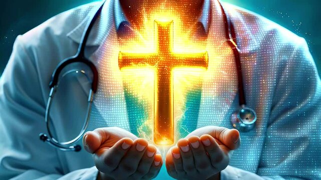 Doctor holding a glowing gold cross in their hands.