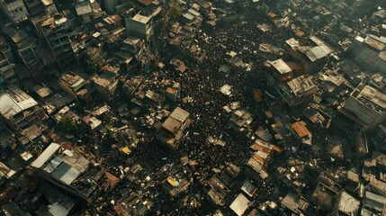 Fototapeta premium Aerial View of Crowded Slum Area with Makeshift Housing
