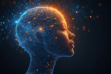 Obraz premium Interconnected Human Head Digital Illustration: Abstract Universe Network in Blue and Orange, Futuristic Background