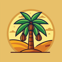 Obraz premium A cartoon illustration of a palm tree with three brown fruits hanging from it, set against a desert background.